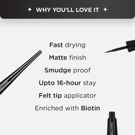 BELLAVITA Intense Drama Waterproof Eyeliner, Black, Matte Finish, Smudge - Proof, Fast - Drying, Felt Tip Applicator, Enriched with Biotin, 3.5 ml - Vamzn#