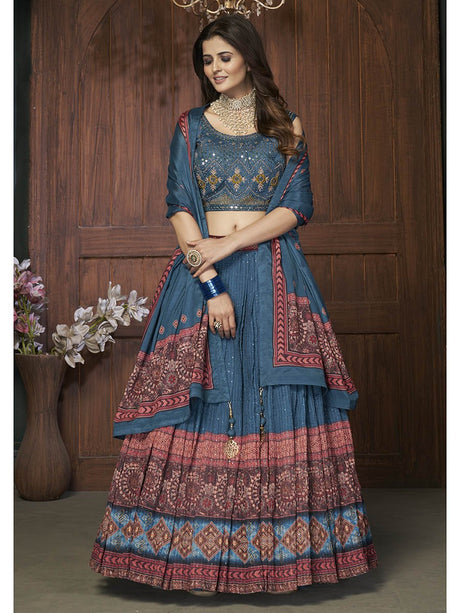 Aequa blue Chinon Embroidered Designer Lehenga - Vamzn#