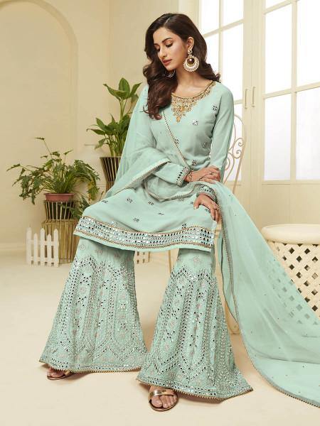 Aqua Blue Georgette Embroidered Palazzo Suit - Vamzn#