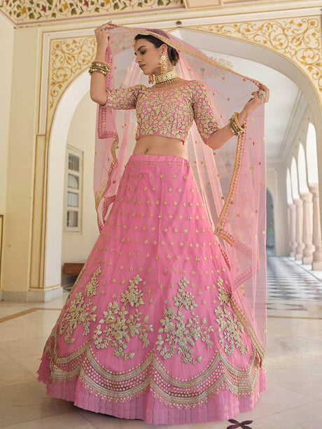 Baby Pink Net Embroidered Lehenga - Vamzn#