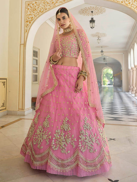 Baby Pink Net Embroidered Lehenga - Vamzn#