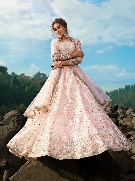 Baby Pink Net Heavy Embroidered Lehenga - Vamzn#