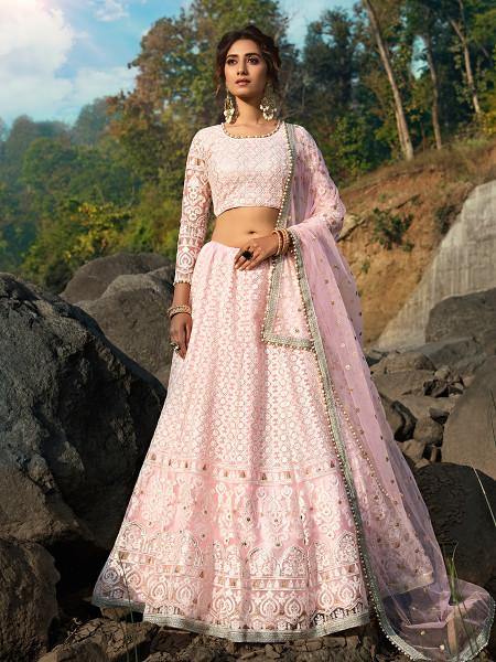 Baby Pink Net Heavy Embroidered Lehenga - Vamzn#