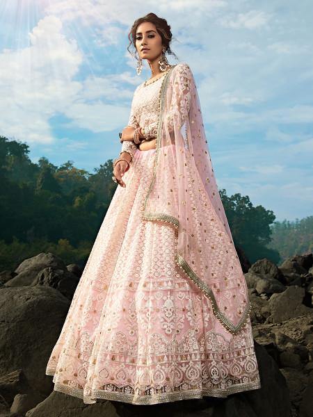 Baby Pink Net Heavy Embroidered Lehenga - Vamzn#