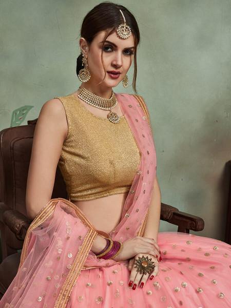 Baby Pink Soft Net Heavy Embroidered Lehenga - Vamzn#