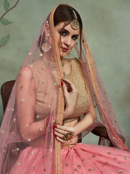 Baby Pink Soft Net Heavy Embroidered Lehenga - Vamzn#