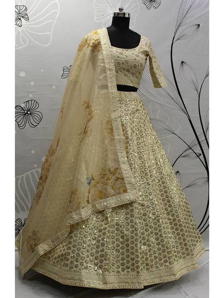 Beige Art Silk Embroidered Designer Lehenga - Vamzn#