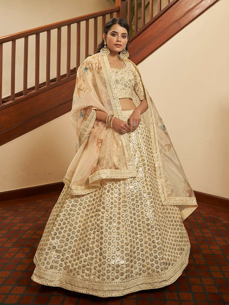 Beige Art Silk Embroidered Designer Lehenga - Vamzn#