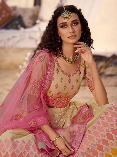 Beige Embroidered Organza Lehenga - Vamzn#