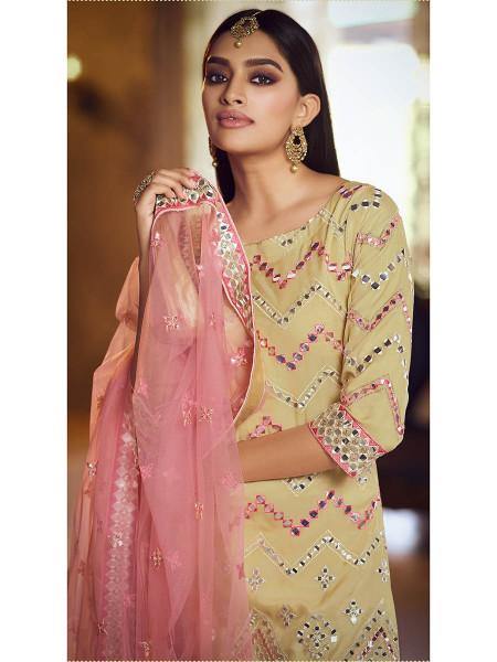 Beige Heavy Embroidered Gharara Sui - Vamzn#