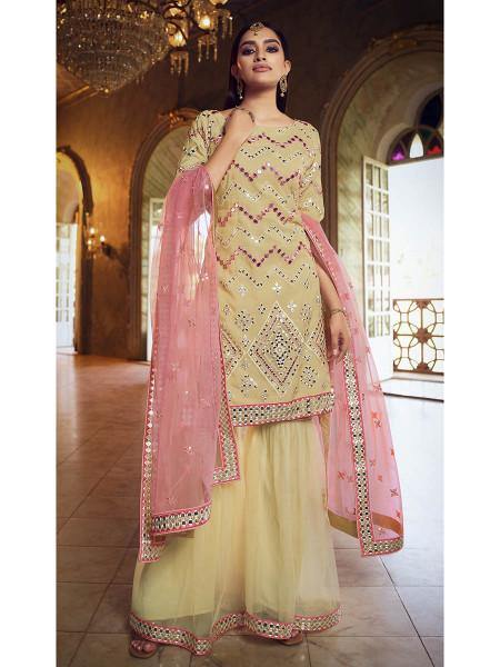 Beige Heavy Embroidered Gharara Sui - Vamzn#