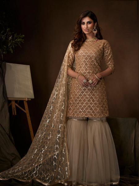 Beige Soft Net Gharara Suit - Vamzn#