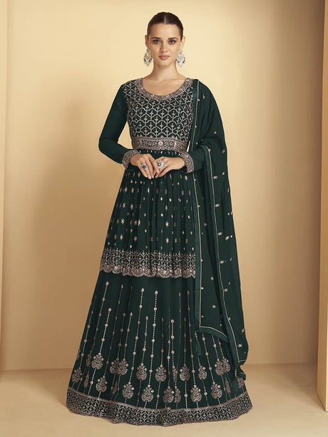 Dark Green Georgette Embroidered Sharara Suit - Vamzn#