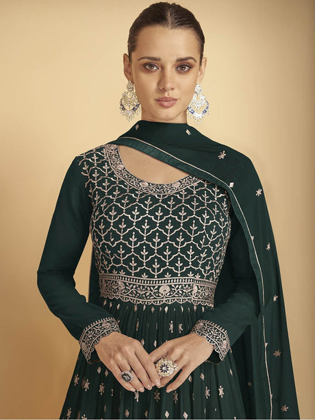 Dark Green Georgette Embroidered Sharara Suit - Vamzn#